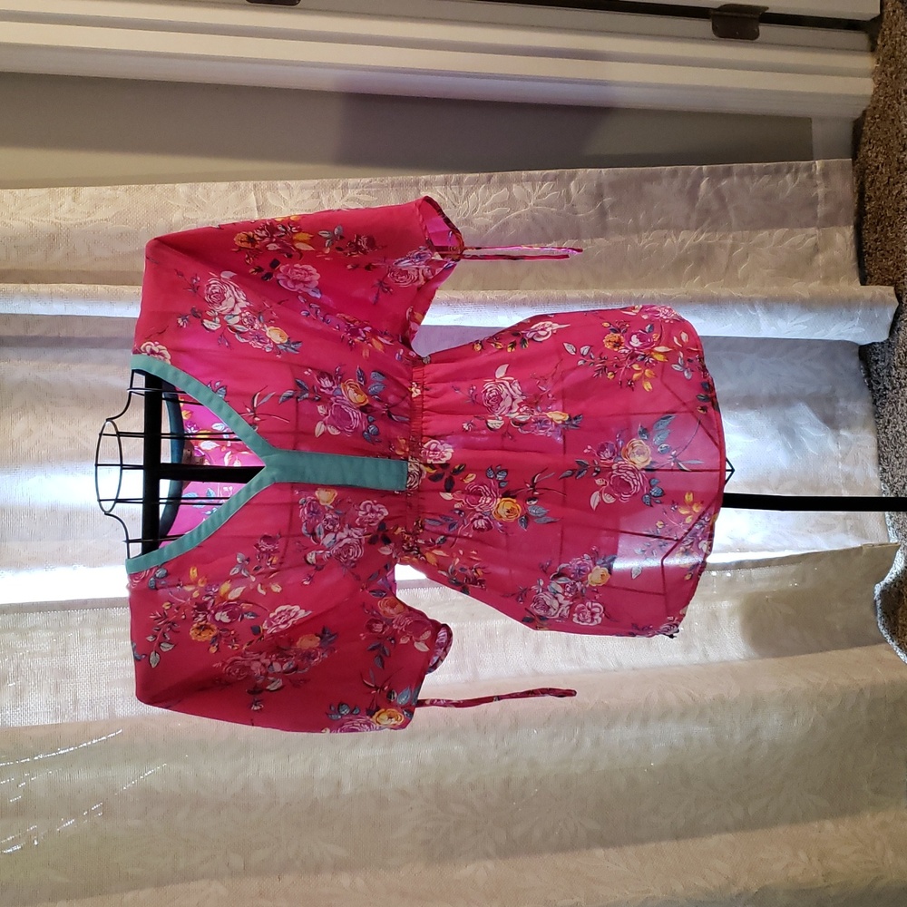 Floral Sheer Pink Blouse with Light Blue Trim
